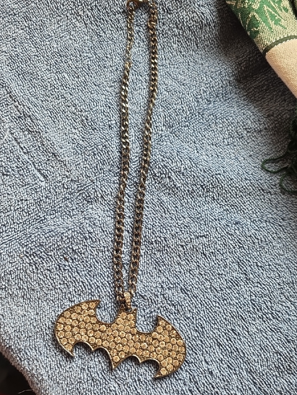 Rhinestone Batman Emblem Necklace - Gold Tone